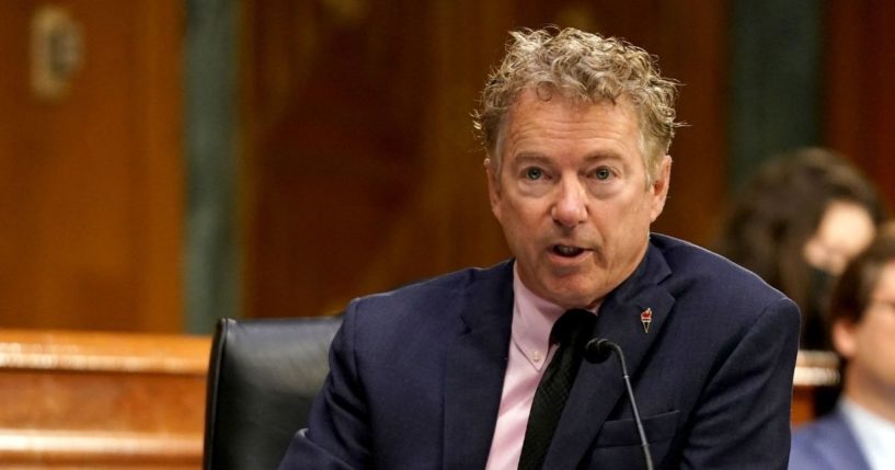 Republican Sen. Rand Paul of Kentucky questions Dr. Anthony Fauci, director of the National Institute of Allergy and Infectious Diseases, during a Senate Health, Education, Labor and Pensions Committee hearing on May 11, 2021, at the U.S. Capitol in Washington, D.C.