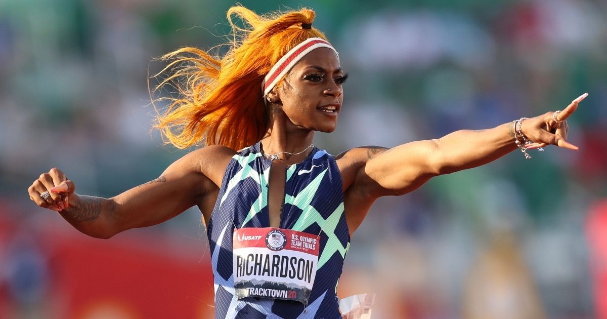 Sha'Carri Richardson runs in the women's 100-meter semifinal at the U.S. Olympic track and field trials at Hayward Field in Eugene, Oregon, on June 19.