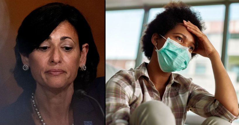 Director of the Centers for Disease Control and Prevention Rochelle Walensky, left, listens during a Senate Health, Education, Labor and Pensions Committee hearing on Capitol Hill in Washington, D.C., on July 20, 2021. A woman wears a mask in the stock image on the right.