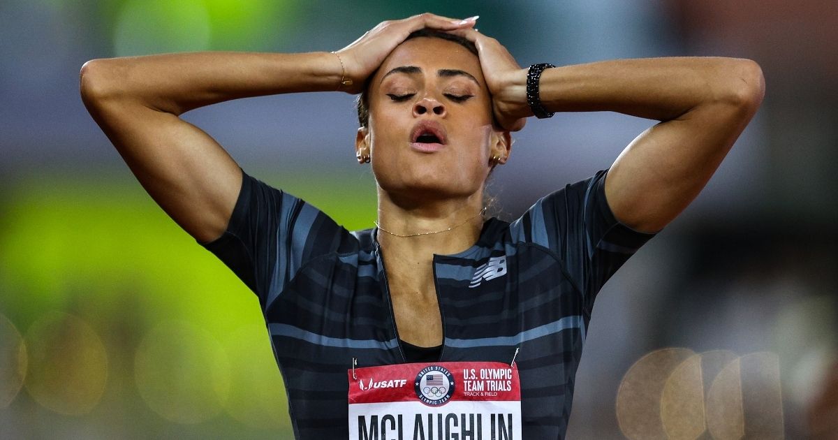Sydney McLaughlin celebrates winning the women's 400-meter hurdles final during the 2020 U.S. Olympic track and field trials at Hayward Field on June 27, 2021, in Eugene, Oregon.