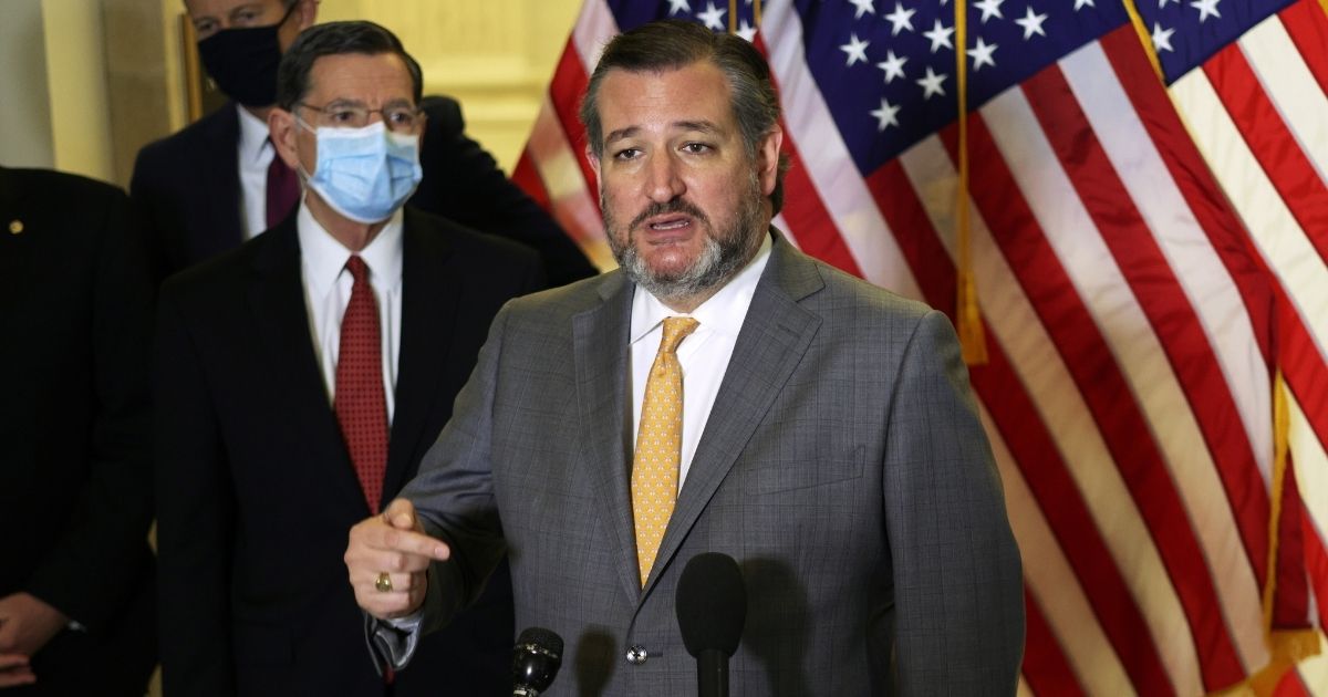 Republican Sen. Ted Cruz of Texas speaks to members of the media after a Senate Republican luncheon at Russell Senate Office Building on March 24, 2021, on Capitol Hill in Washington, D.C.