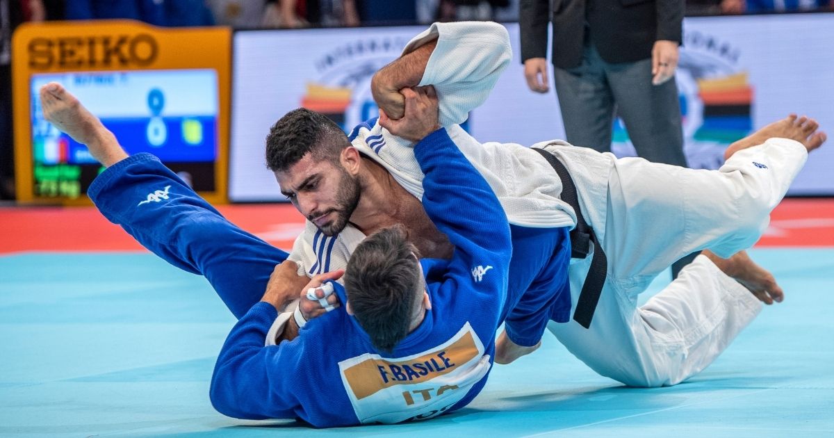 Tohar Butbul of Israel throws Rio Olympic champion Fabio Basile of Italy without a score.