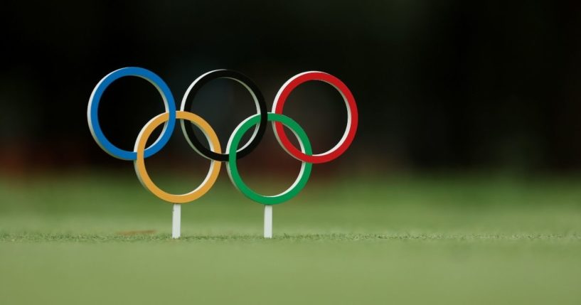 A detailed view of an Olympic rings tee marker is seen during the first round of the men's individual stroke play on day six of the Tokyo 2020 Olympic Games at Kasumigaseki Country Club on Thursday in Kawagoe, Saitama, Japan.
