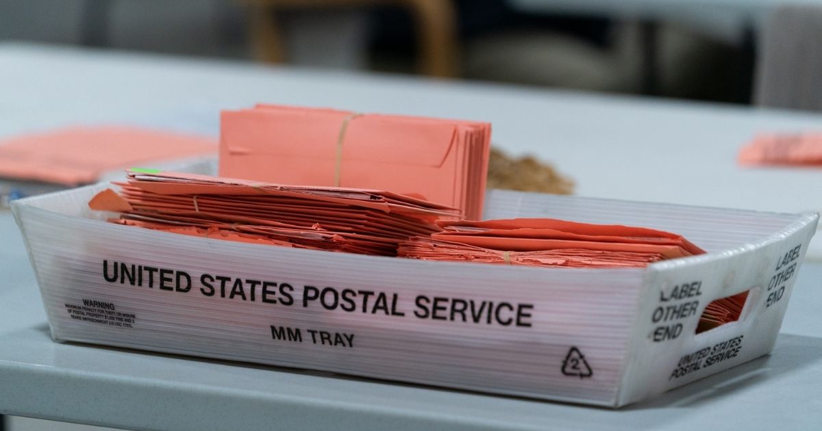 Provisional ballots are seen in a postal service tray at the Gwinnett County Board of Voter Registrations and Elections offices on Nov. 7, 2020, in Lawrenceville, Georgia.