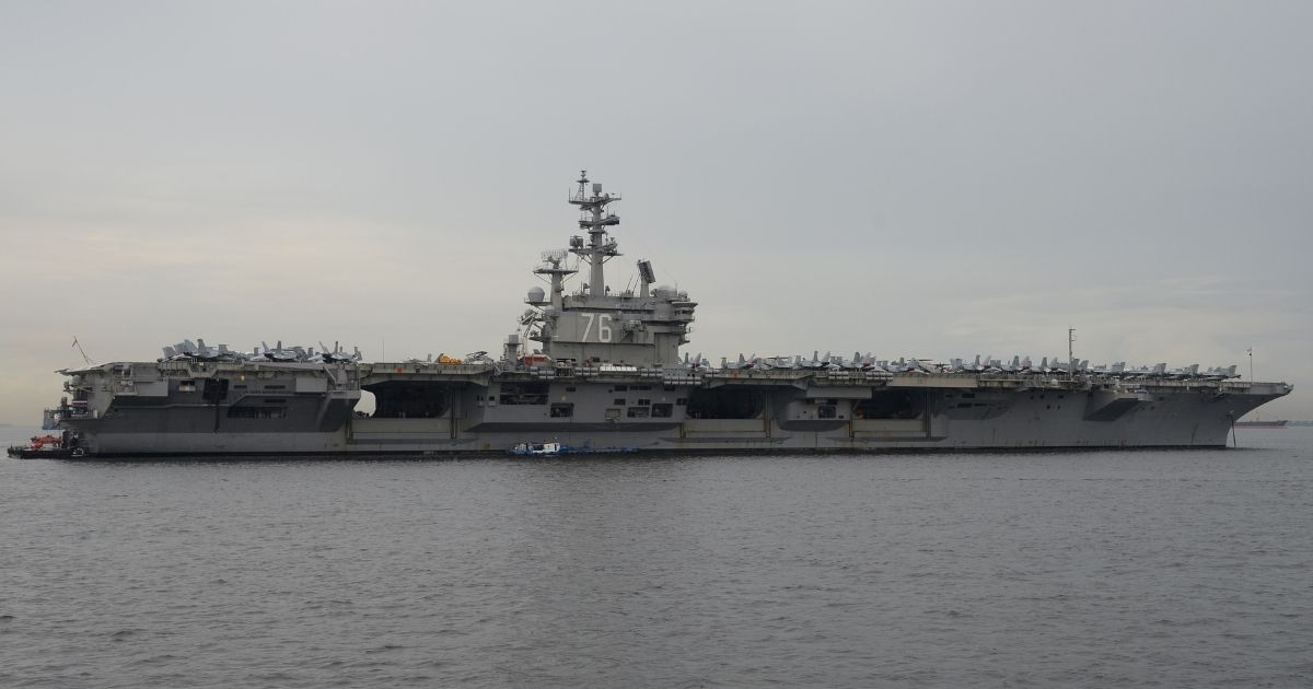 This photo taken on June 26, 2018, shows the nuclear-powered aircraft carrier USS Ronald Reagan (CVN-76) anchored off Manila Bay.