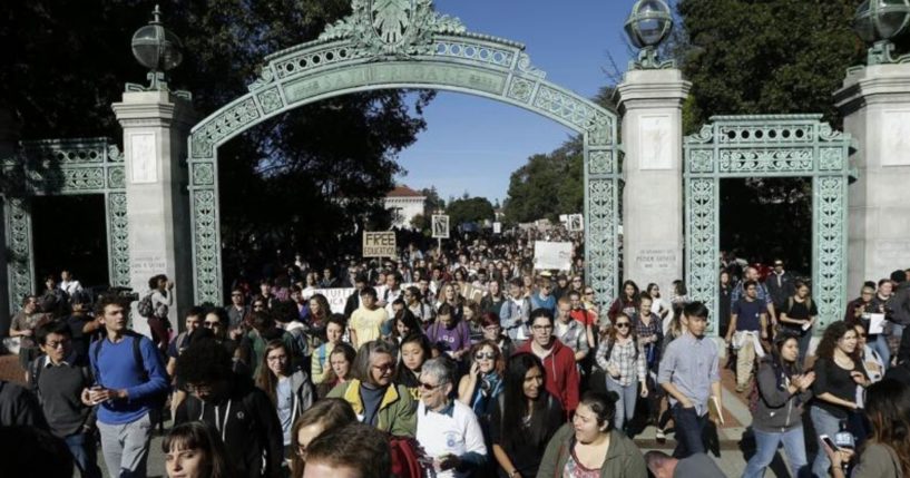 A crowd walks under the Sather Gate at the University of California Berkeley in this Nov. 24, 2014 photo.