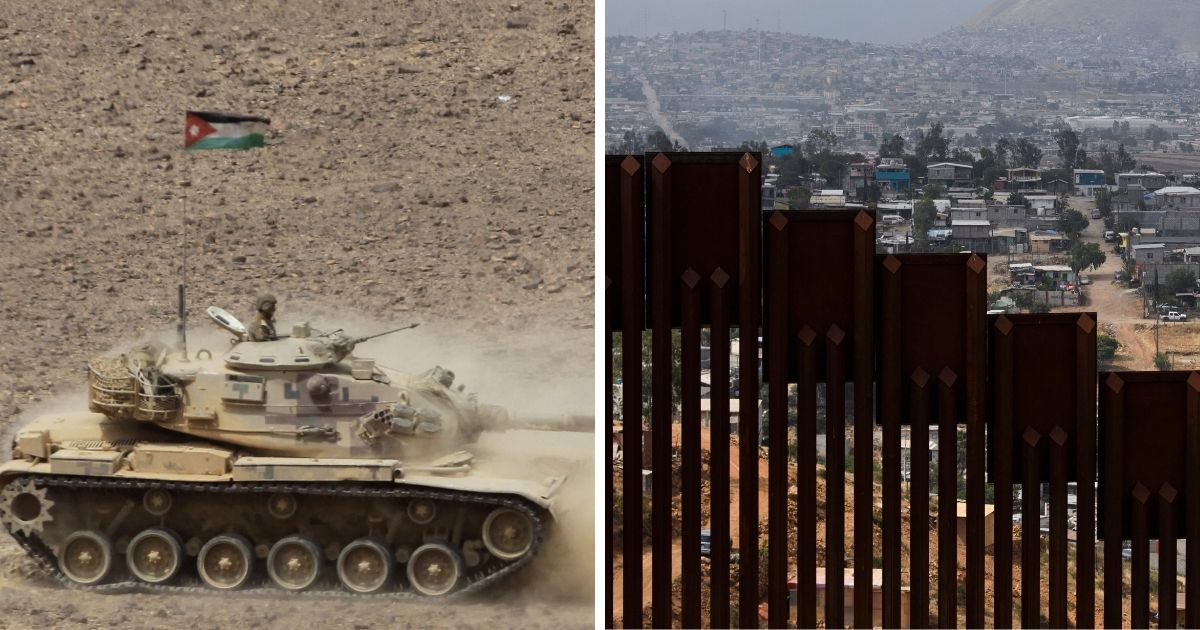A Jordanian tank, left; and a portion of the souther border wall, right.