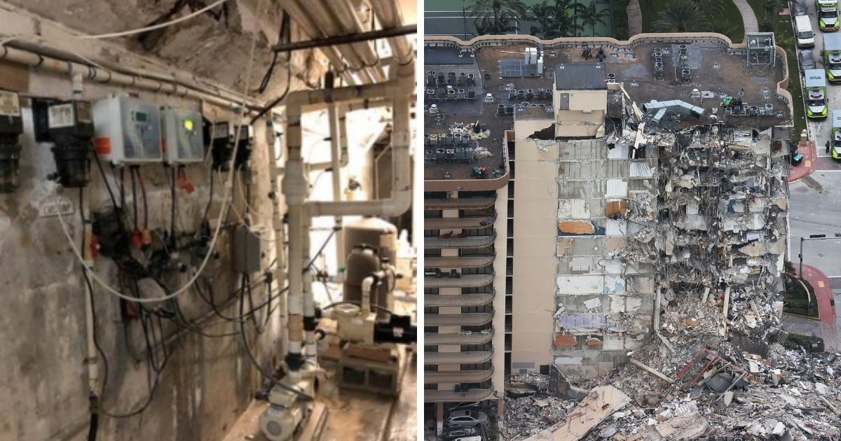 Cracked concrete and water on the floor of a pool equipment room, left, were so concerning to a contractor at the Champlain Towers South codominium that he took pictures only 36 hours before the building's collapse, right.