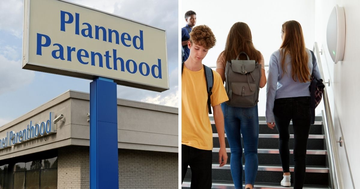 Planned Parenthood clinic, left; scene from a high school hallway, right. (