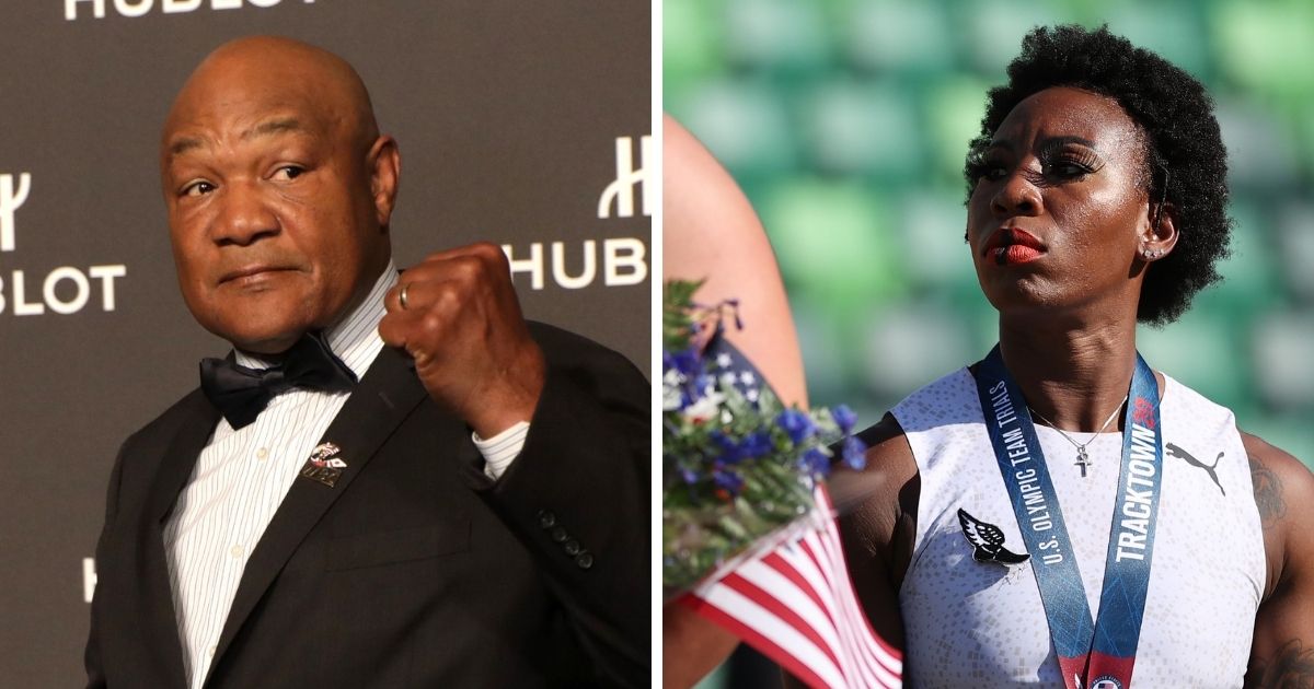 Boxing great George Foreman, left; anthem-protesting Olympian Gwen Berry, right.