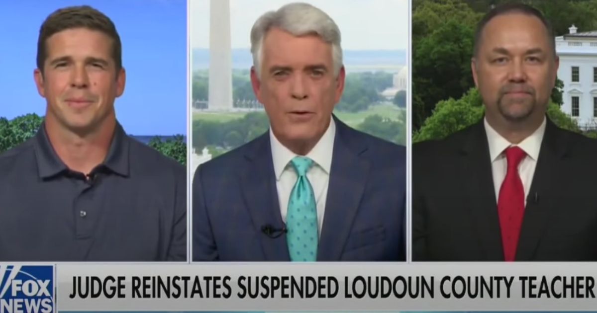 Virginia schoolteacher Tanner Cross, left, and his attorney, Tyson Langhofer, are interviewed on Fox News on June 9, 2021.