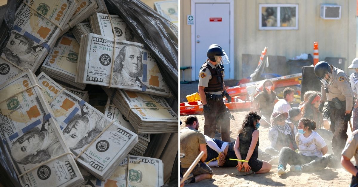 Bag of cash, left; protesters arrested, right.