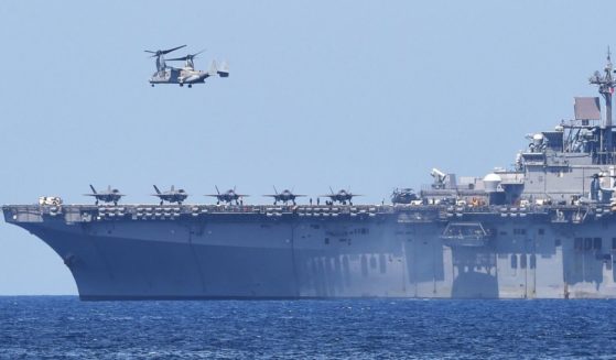 A V-22 Osprey takes off from the amphibious assault ship the USS Wasp during exercises off the Philippines facing the South China Sea in April 2019.