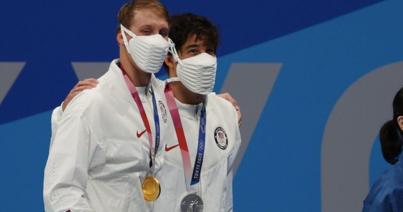 American swimmers Chase Kalisz and Jay Litherland celebrate their gold- and silver-winner performances Sunday in the men's 400m individual medley on day two of the Tokyo 2020 Olympic Games.