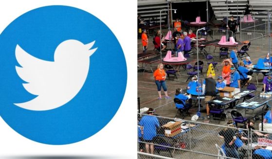 Twitter logo, left; and right, a scene from the Maricopa County audit in May.