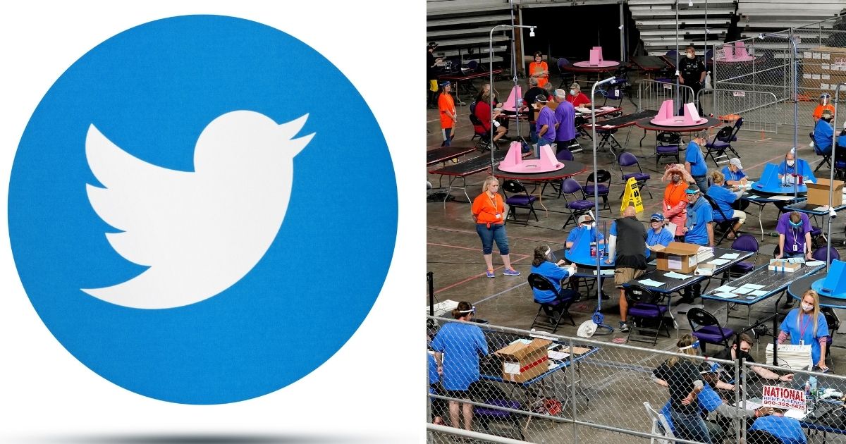 Twitter logo, left; and right, a scene from the Maricopa County audit in May.