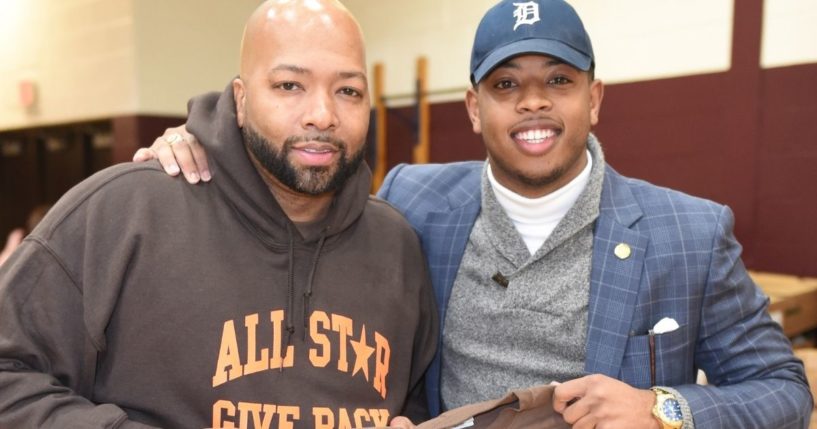 All Star Give Back founder Tarence Wheeler and Michigan state Rep. Jewell Jones, right, attend a Give Back event in Detroit on Nov. 21, 2017. Jones has been involved in several questionable events since then.
