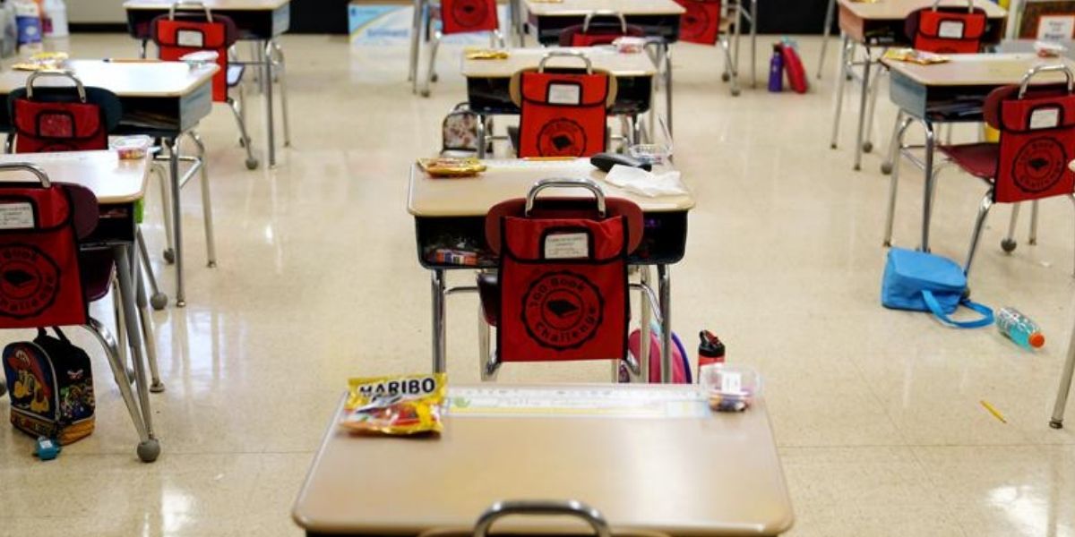 Desks are arranged in a classroom at an elementary school in Nesquehoning, Pennsylvania, on March 11.