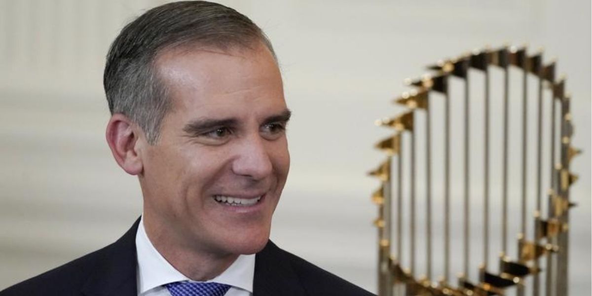 Los Angeles Mayor Eric Garcetti arrives for an event to honor the 2020 World Series champion Los Angeles Dodgers baseball team at the White House on Friday in Washington, D.C.