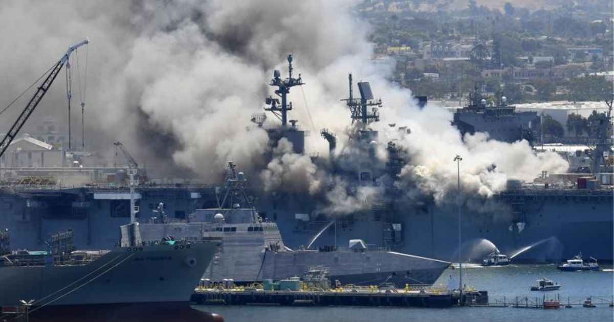 Smoke rises from the USS Bonhomme Richard in San Diego on July 12, 2020.