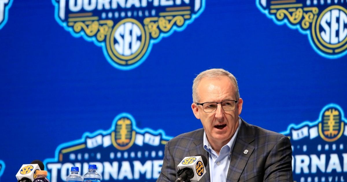 Greg Sankey, the Commissioner of the SEC addresses the media following the announcement of the cancellation of the SEC Basketball Tournament at Bridgestone Arena on March 12, 2020, in Nashville. The tournament has been cancelled due to the growing concern about the spread of the Coronavirus.