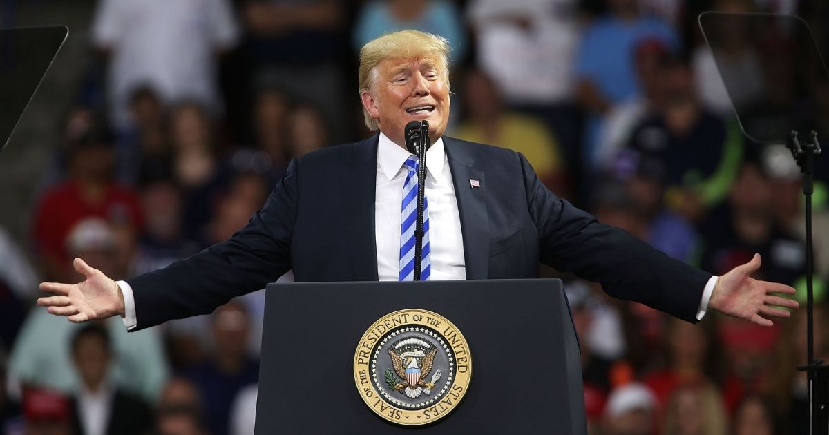 Then-President Donald Trump speaks a rally at the Charleston Civic Center on Aug. 21, 2018, in Charleston, West Virginia.