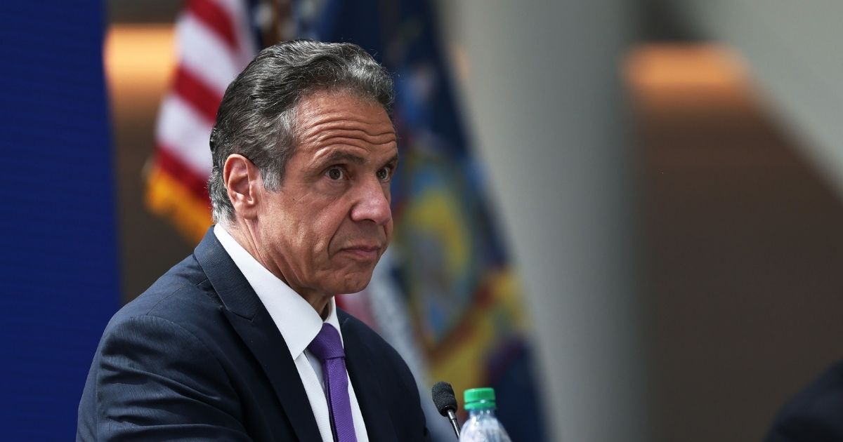Democratic New York Gov. Andrew Cuomo takes questions from reporters during a news conference at the Javits Center in Manhattan on May 11, 2021, in New York City.