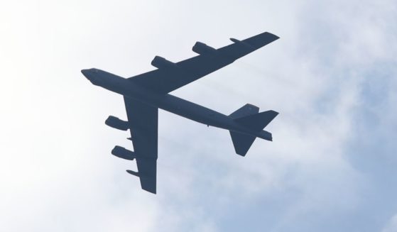 A B-52 Bomber flies over the Hudson River during a military flyover as part of July 4th celebrations on July 4, 2020, in New York City.