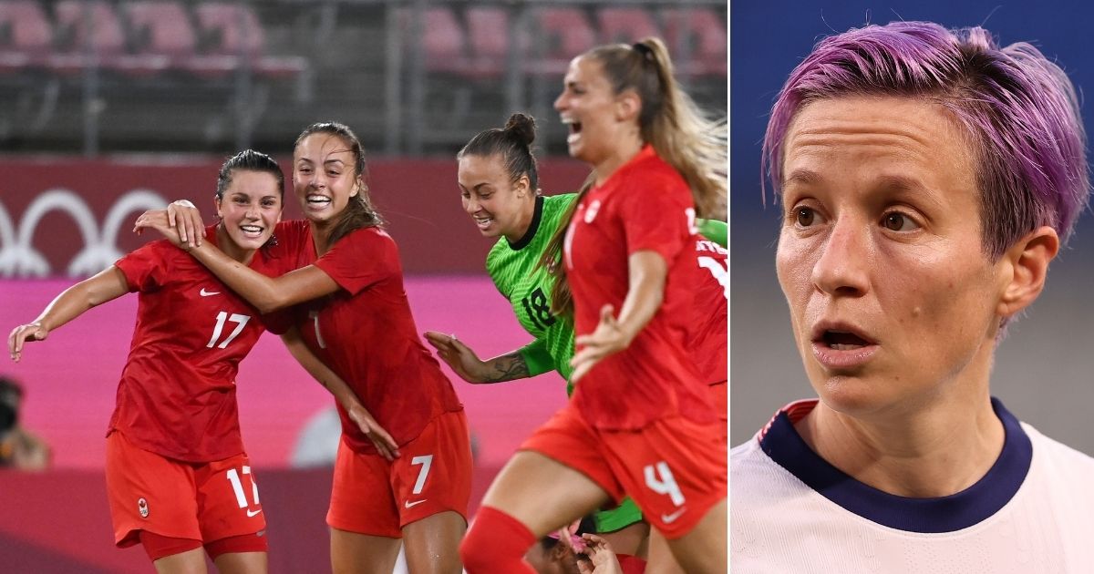 Canada's players celebrate, left, after beating Megan Rapinoe, right, and the U.S. in their women's soccer semifinal match in the Tokyo Olympics at Ibaraki Kashima Stadium in Kashima on Monday.
