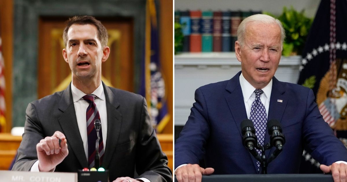 Republican Sen. Tom Cotton of Arkansas, left, shared his belief Wednesday that President Joe Biden will blame Americans for not getting out of Afghanistan in time.