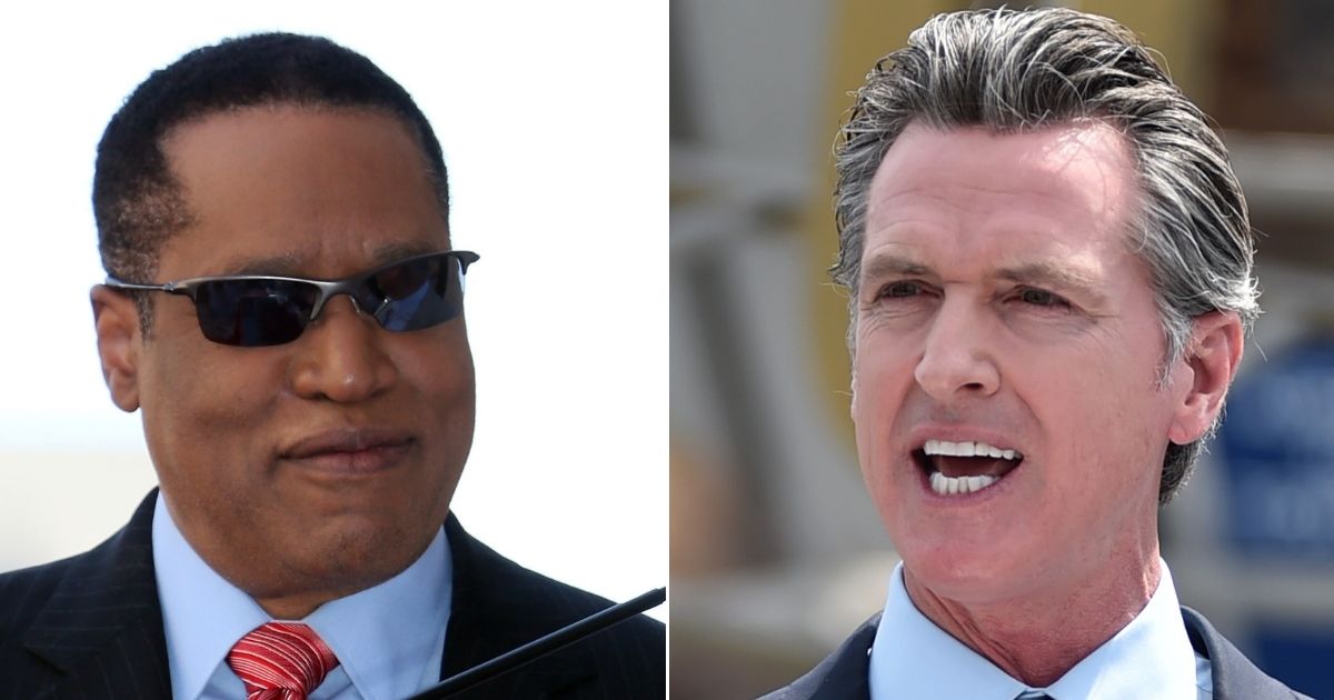 Conservative commentator Larry Elder, left, is running to replace Democratic Gov. Gavin Newsom, right, in California's recall election.
