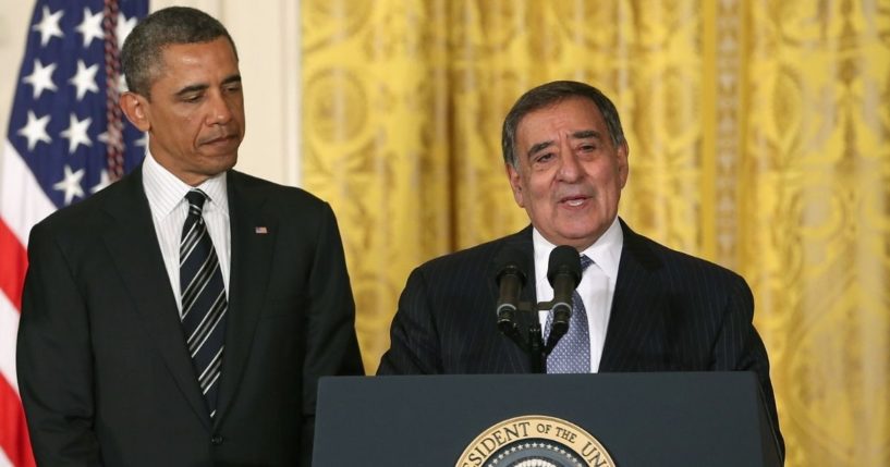 Then-President Barack Obama, left, listens as then-Secretary of Defense Leon Panetta speaks during a news conference in the East Room at the White House on Jan. 7, 2013, in Washington, D.C.