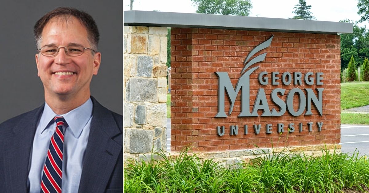 At left is Todd Zywicki, a professor in George Mason's Antonin Scalia Law School. At right is the entrance sign to George Mason University's West Campus near downtown Fairfax, Virginia.