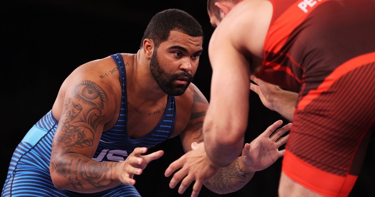 Gable Steveson of the United States competes against Geno Petriashvili of Georgia during the men’s freestyle wrestling 125-kilogram gold medal match at the Tokyo Olympic Games on Friday in Chiba, Japan.