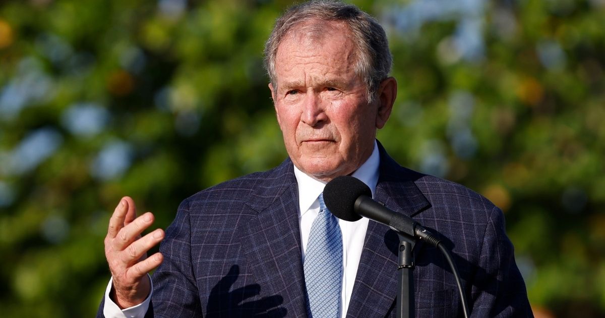 Former President George W. Bush speaks during the flag-raising ceremony prior to The Walker Cup at Seminole Golf Club on May 7, 2021, in Juno Beach, Florida.