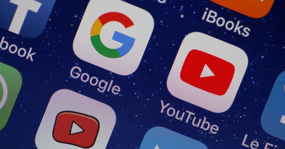 The YouTube and Google apps are displayed on an Apple iPhone