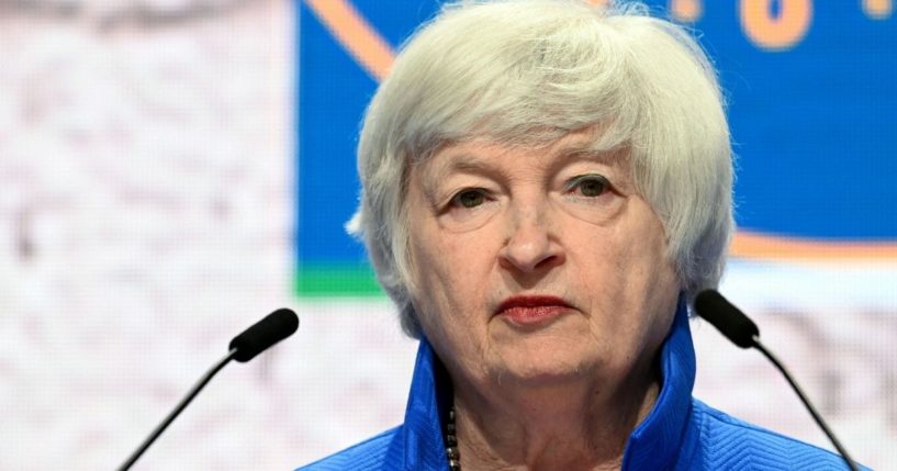 Treasury Secretary Janet Yellen looks on during a news conference at the G-20 finance ministers and central bankers meeting in Venice on July 11, 2021.