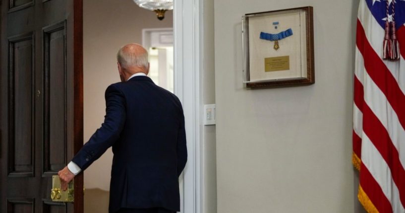 President Joe Biden departs after speaking about the situation in Afghanistan in the Roosevelt Room of the White House on Tuesday in Washington, D.C.
