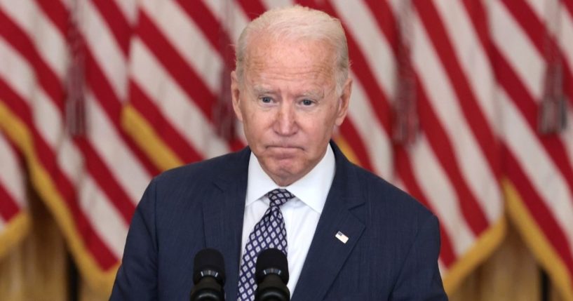 President Joe Biden gestures as delivers remarks on the U.S. military’s ongoing evacuation efforts in Afghanistan from the East Room of the White House on Friday.
