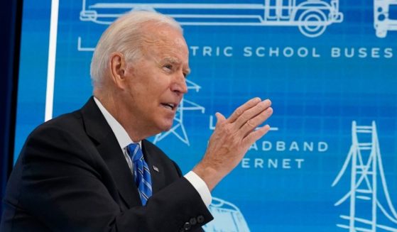 President Joe Biden discusses the infrastructure bill during a virtual meeting in the South Court Auditorium at the White House complex in Washington on Wednesday.