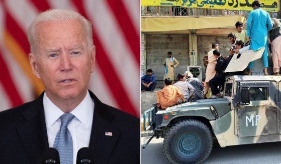 At left, President Joe Biden speaks about the Taliban's takeover of Afghanistan from the East Room of the White House on Monday in Washington, D.C. At right, Taliban fighters and local residents sit on an Afghan National Army Humvee vehicle along the roadside in Laghman province on Sunday.