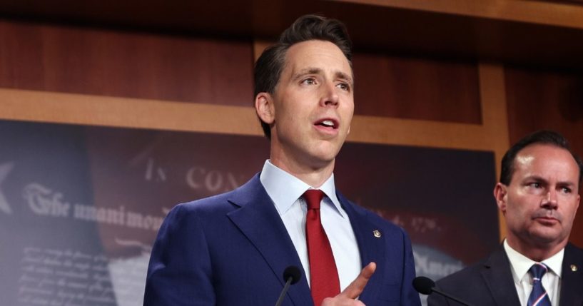 Republican Sen. Josh Hawley of Missouri speaks on the bipartisan infrastructure bill during a news conference at the U.S. Capitol on Wednesday in Washington, D.C.