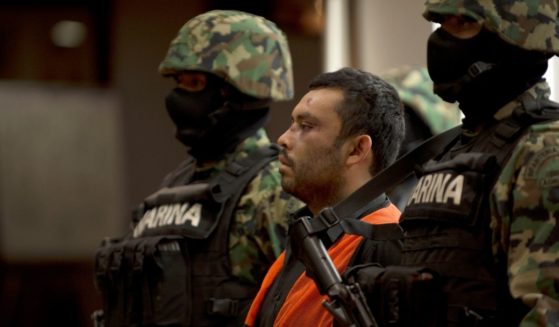Mexican marines escort Marcos Jesus Hernandez Rodriguez, aka "El Chilango," the alleged leader of assassins and member of the Los Zetas drug cartel, in Veracruz state in Mexico City on May 11, 2012.