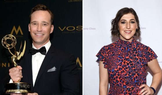 Producer Mike Richards, left, poses at the Emmy Awards at the Westin Bonaventure Hotel on May 1, 2016, in Los Angeles. Actress Mayim Bialik arrives at the Beverly Hilton Hotel on Nov. 18, 2019, in Beverly Hills, California.
