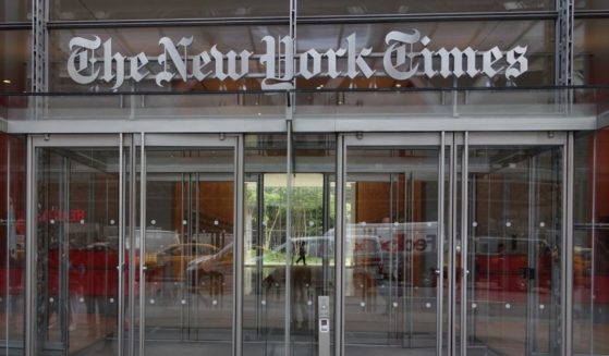 The west entrance of the New York Times building is pictured on April 28, 2016, in New York.