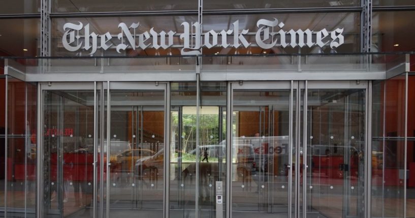 The west entrance of the New York Times building is pictured on April 28, 2016, in New York.