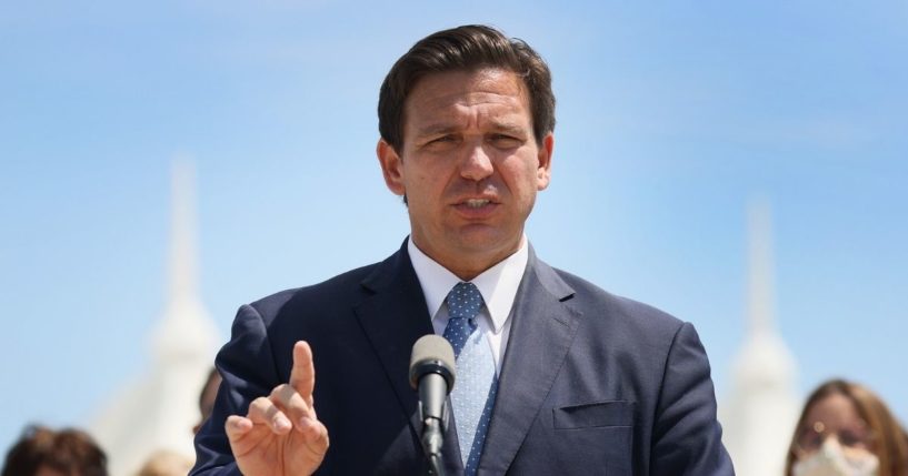 Florida Gov. Ron DeSantis speaks to the media about the cruise industry during a news conference on April 8, 2021, in Miami.