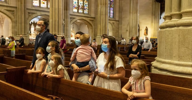 Congregants are seen worshiping at St. Patrick's Cathedral in New York City on June 28, 2020.