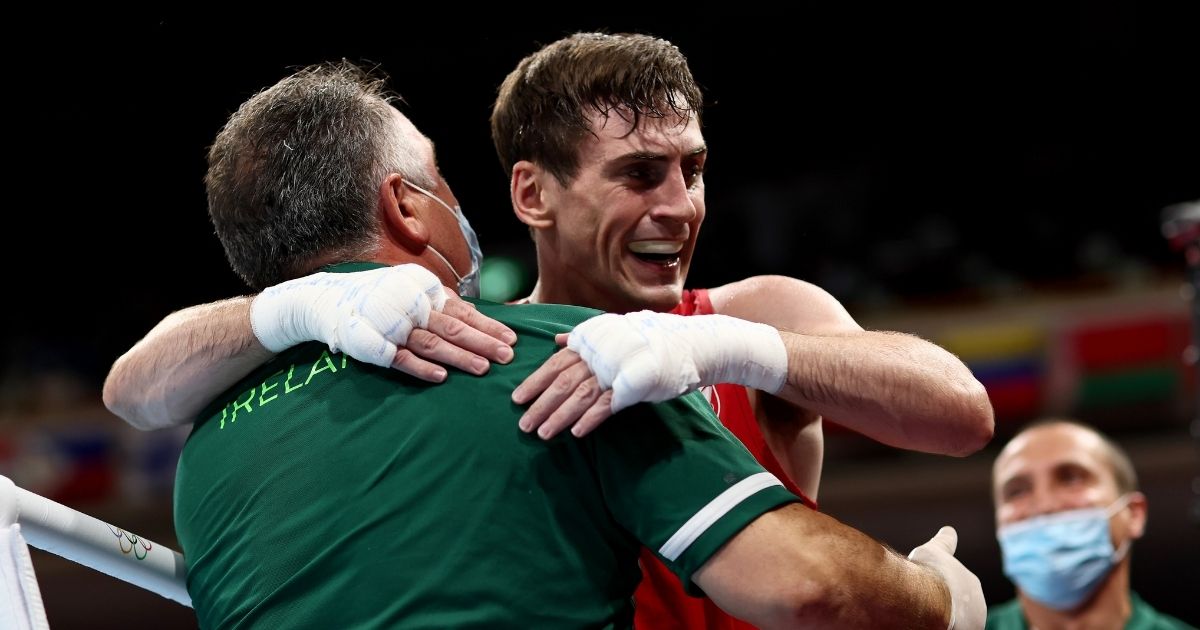 Aidan Walsh of Team Ireland celebrates after beating Merven Clair of Team Mauritius at the Tokyo 2020 Olympic Games.