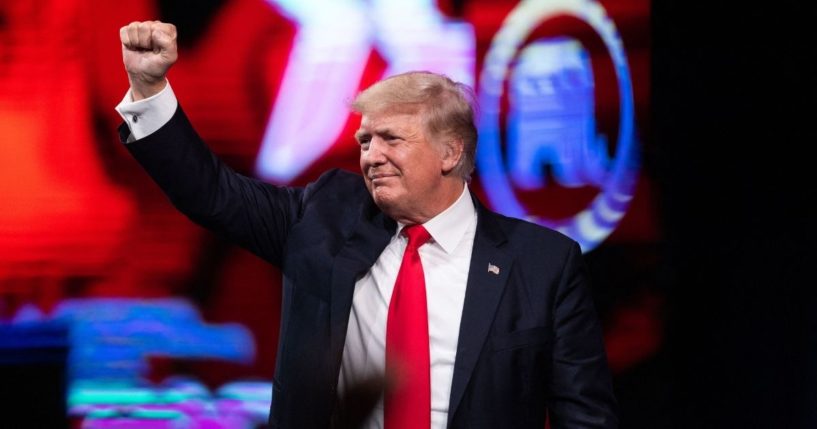 Former President Donald Trump pumps his fist to the crowd after speaking July 11 at the Conservative Political Action Conference in Dallas.